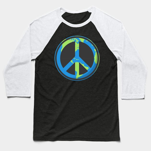 International World Peace World: Globe Peace Sign Baseball T-Shirt by Sanu Designs